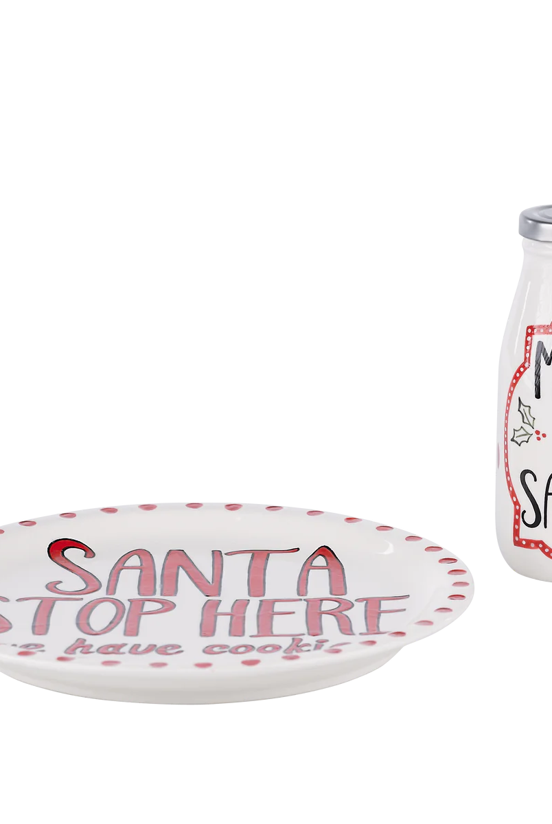 Santa Stop Here Plate and Milk Bottle-Serveware-Podos Boutique, a Women's Fashion Boutique Located in Calera, AL