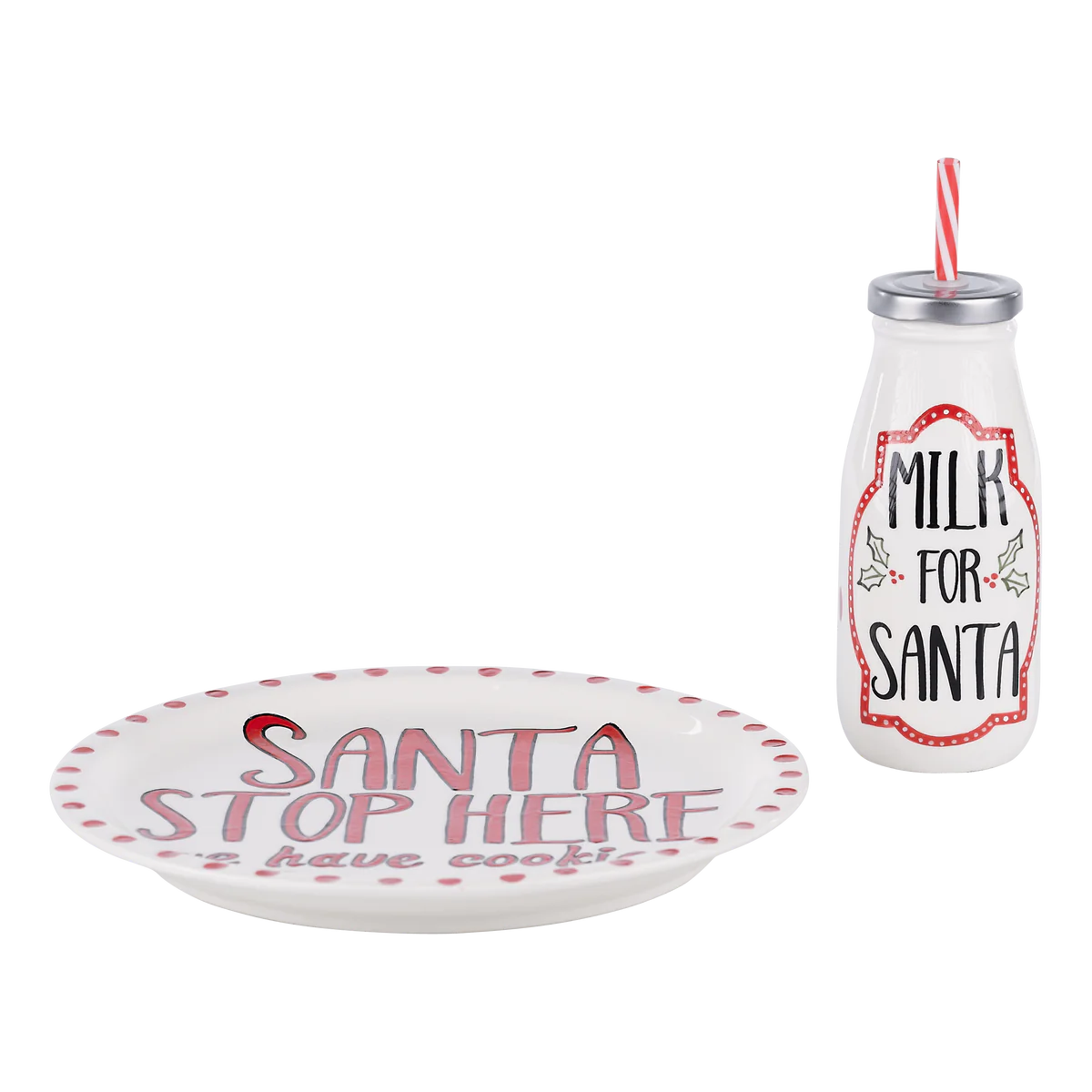 Santa Stop Here Plate and Milk Bottle-Serveware-Podos Boutique, a Women's Fashion Boutique Located in Calera, AL