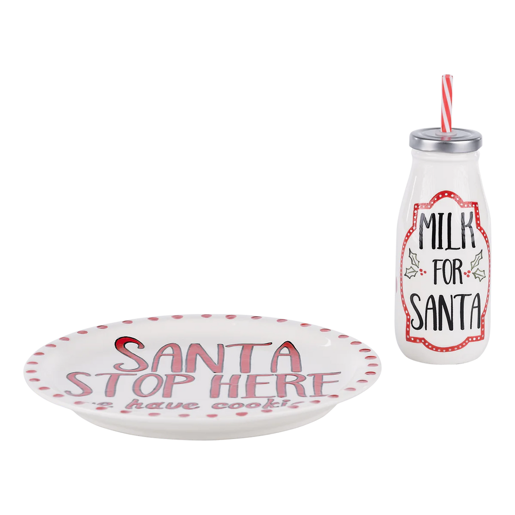 Santa Stop Here Plate and Milk Bottle-Seasonal Home Goods-Podos Boutique, a Women's Fashion Boutique Located in Calera, AL