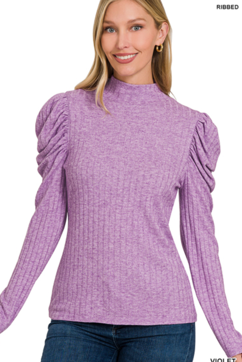 Ribbed Puff LS Mock Neck-Long Sleeves-Podos Boutique, a Women's Fashion Boutique Located in Calera, AL
