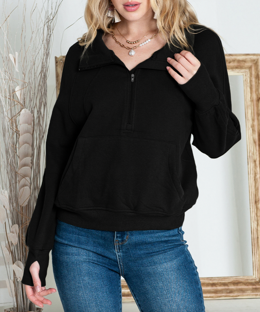 ¼ zip with thumbhole sweatshirt-Boutique Items. - Boutique Apparel - Ladies - Top It Off-Podos Boutique, a Women's Fashion Boutique Located in Calera, AL