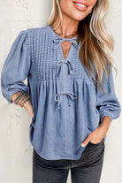 Myosotis Denim Bow Top-Podos Boutique, a Women's Fashion Boutique Located in Calera, AL