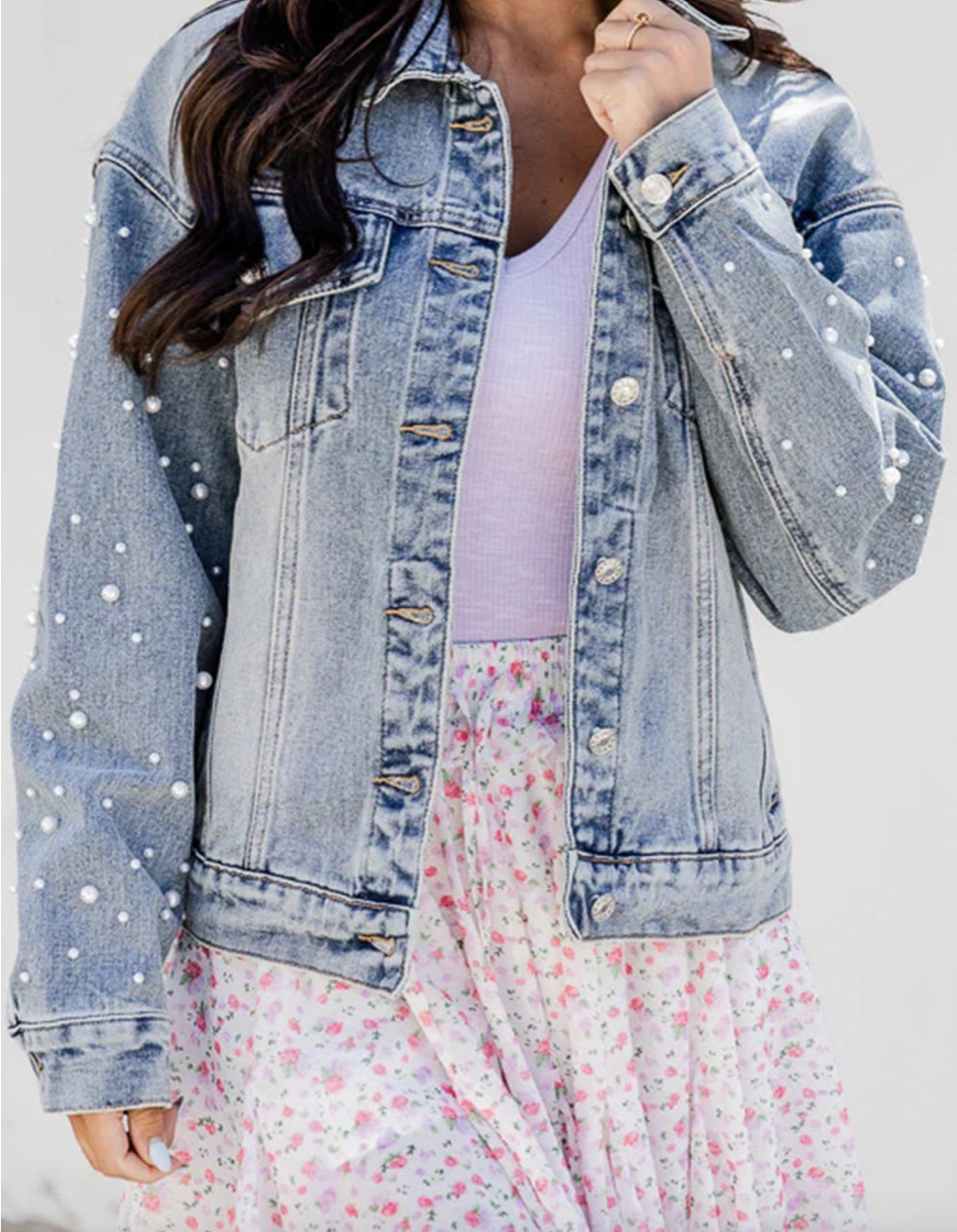 Pearl Denim Jacket-Jackets-Podos Boutique, a Women's Fashion Boutique Located in Calera, AL