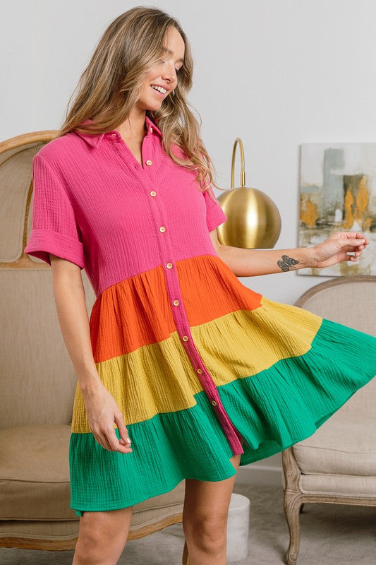 Gauze Color Block Shirt Dress-Short Dresses-Podos Boutique, a Women's Fashion Boutique Located in Calera, AL