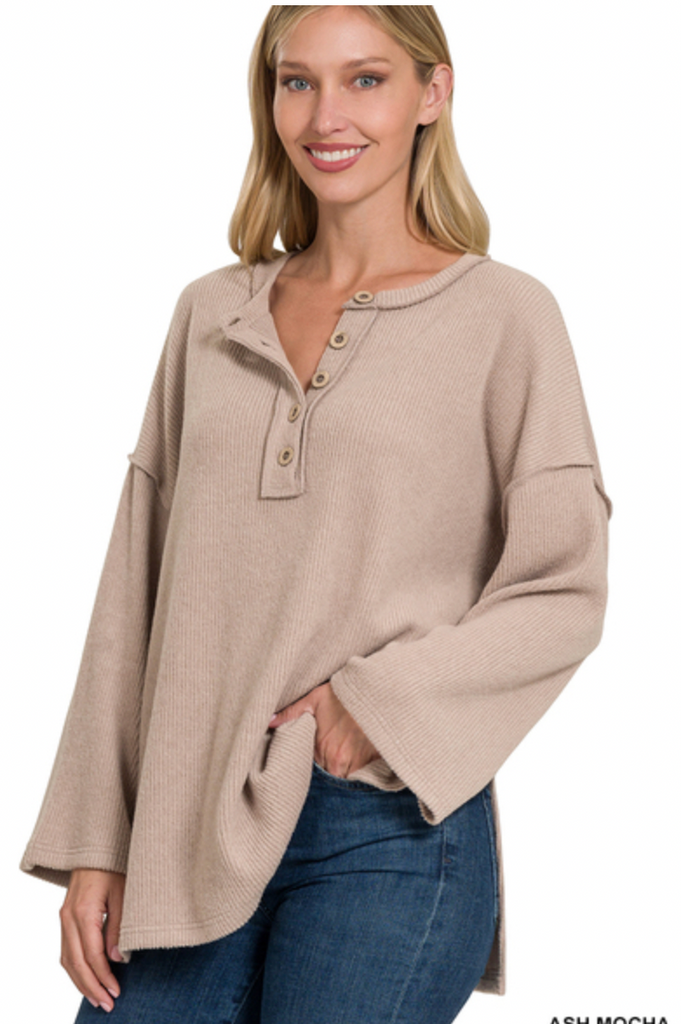 Brushed Melange Henley Sweater-Boutique Items. - Boutique Apparel - Ladies - Top It Off - Sweaters-Podos Boutique, a Women's Fashion Boutique Located in Calera, AL