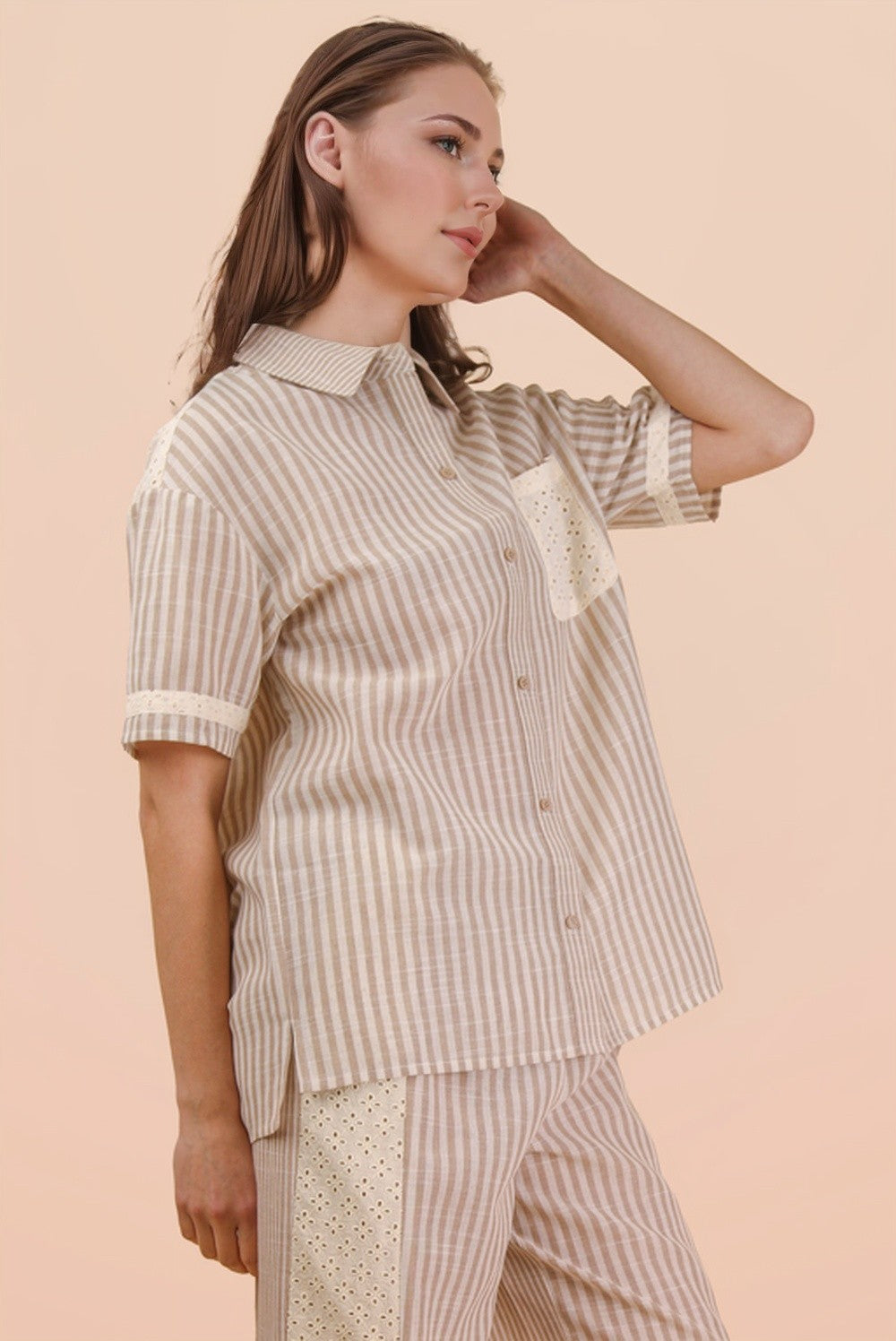 Lace Contrast Stripe Shirt-Fashion Tops-Podos Boutique, a Women's Fashion Boutique Located in Calera, AL