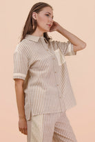 Lace Contrast Stripe Shirt-Fashion Tops-Podos Boutique, a Women's Fashion Boutique Located in Calera, AL