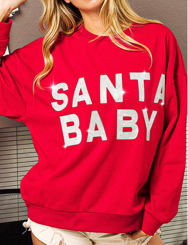 Santa Baby Sweatshirt-Boutique Items. - Boutique Apparel - Ladies - Top It Off - Printed Fleece-Podos Boutique, a Women's Fashion Boutique Located in Calera, AL