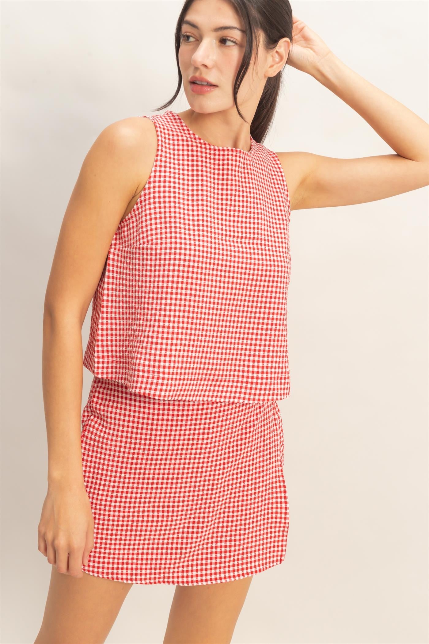 Gingham Sleeveless Top and Skort Set 2-Sets-Podos Boutique, a Women's Fashion Boutique Located in Calera, AL