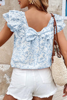 Sky Blue Floral Bow Back Blouse-Fashion Tops-Podos Boutique, a Women's Fashion Boutique Located in Calera, AL