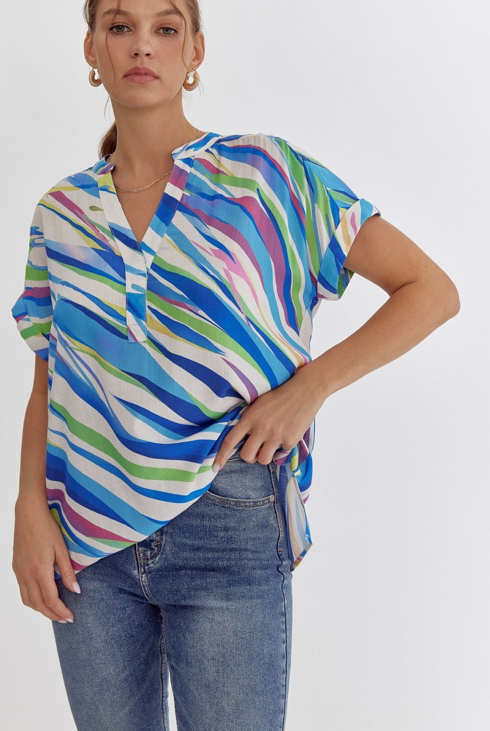 Striped Roll Cuff Top-Short Sleeves-Podos Boutique, a Women's Fashion Boutique Located in Calera, AL