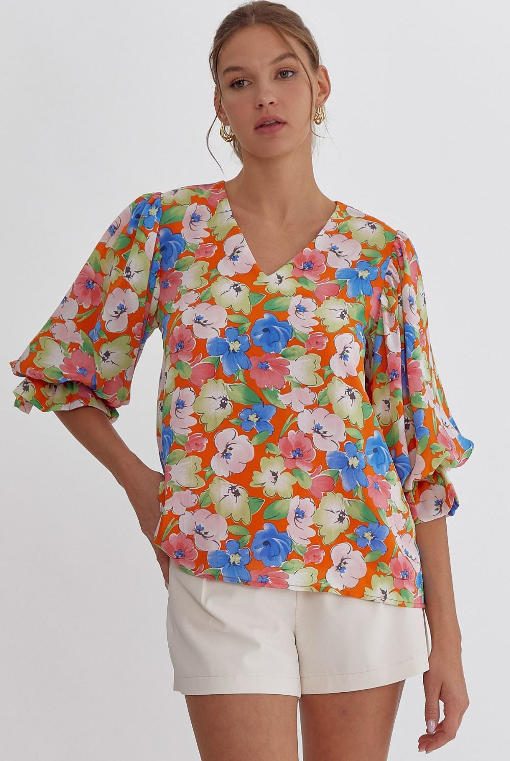 Floral V-neck Flora Top-Short Sleeves-Podos Boutique, a Women's Fashion Boutique Located in Calera, AL