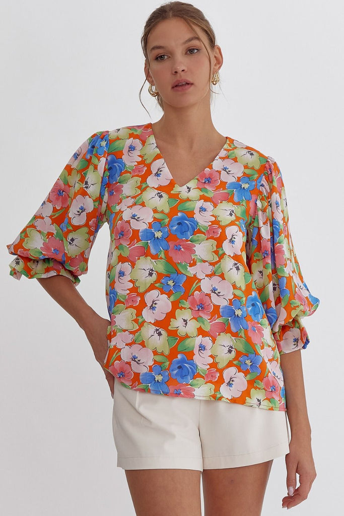 Floral V-neck Flora Top-Short Sleeves-Podos Boutique, a Women's Fashion Boutique Located in Calera, AL