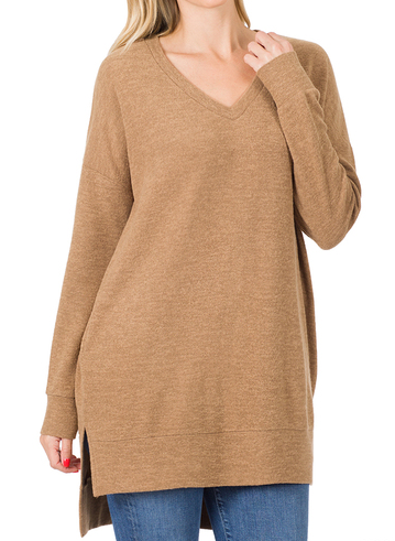 V-Neck Melange Hi-Low Sweater-Boutique Items. - Boutique Apparel - Ladies - Top It Off - Sweaters-Podos Boutique, a Women's Fashion Boutique Located in Calera, AL