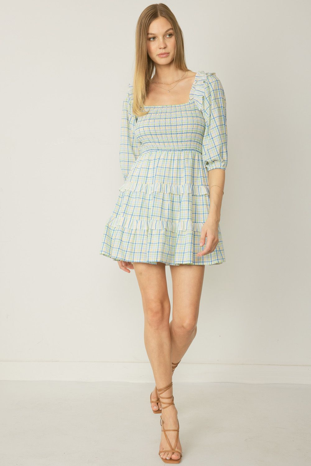 Smocked Bodice Gingham Dress-Short Dresses-Podos Boutique, a Women's Fashion Boutique Located in Calera, AL