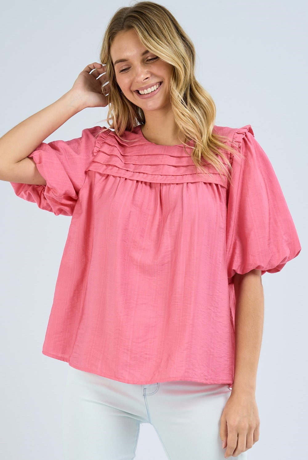 Frill Shoulder Pintuck Top-Short Sleeves-Podos Boutique, a Women's Fashion Boutique Located in Calera, AL
