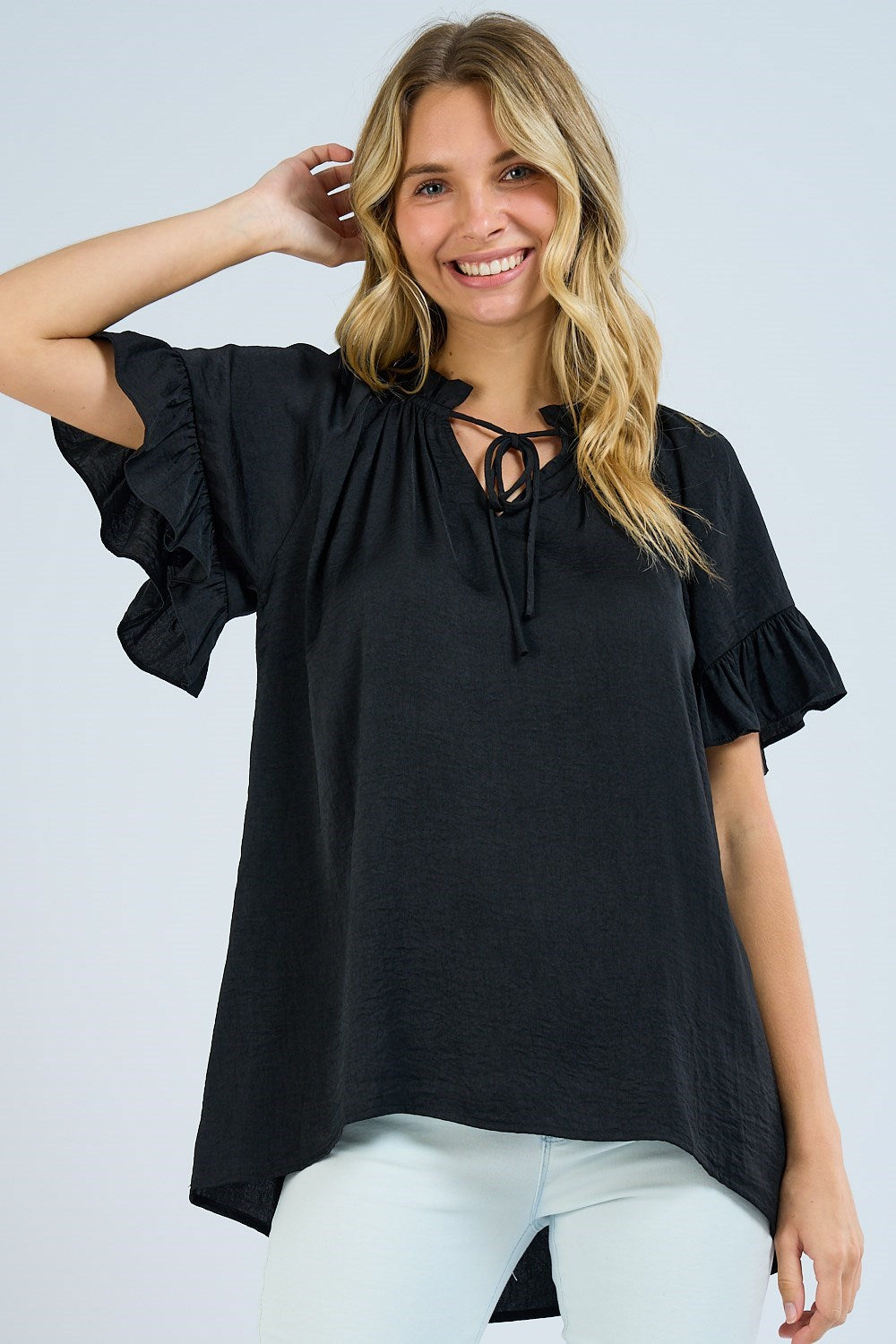 Frilly Solid Top-Short Sleeves-Podos Boutique, a Women's Fashion Boutique Located in Calera, AL