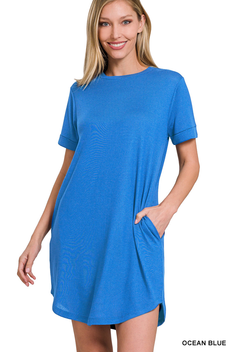 Rolled Sleeve Dress w/ Pockets-Short Dresses-Podos Boutique, a Women's Fashion Boutique Located in Calera, AL