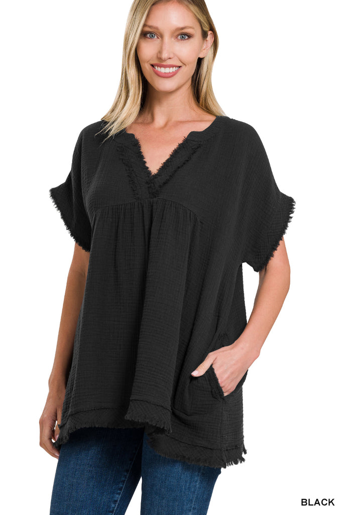 Guaze V-Neck Top w/ Raw Edge Hem-Boutique Items. - Boutique Apparel - Ladies - Top It Off - Fashion Tops-Podos Boutique, a Women's Fashion Boutique Located in Calera, AL