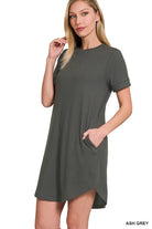 Rolled Sleeve Dress w/ Pockets-Short Dresses-Podos Boutique, a Women's Fashion Boutique Located in Calera, AL