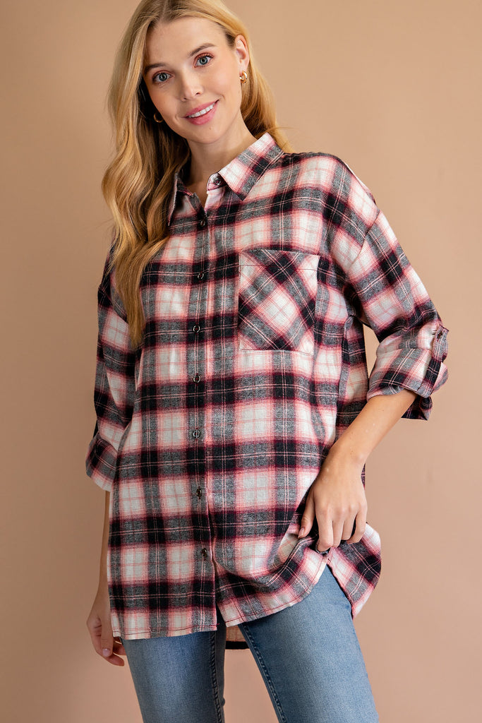 Oversized Flannel Shirt-Long Sleeves-Podos Boutique, a Women's Fashion Boutique Located in Calera, AL