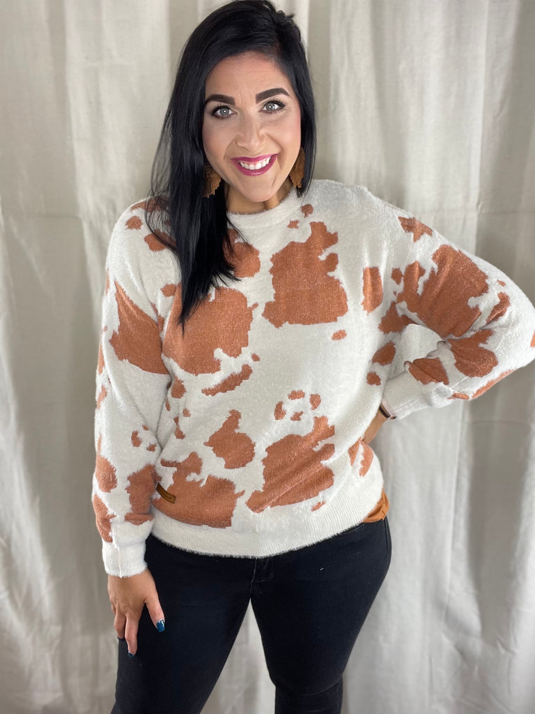 SS Sweater 22 Cow Print-Boutique Items. - Boutique Apparel - Ladies - Top It Off - Fashion Tops-Podos Boutique, a Women's Fashion Boutique Located in Calera, AL