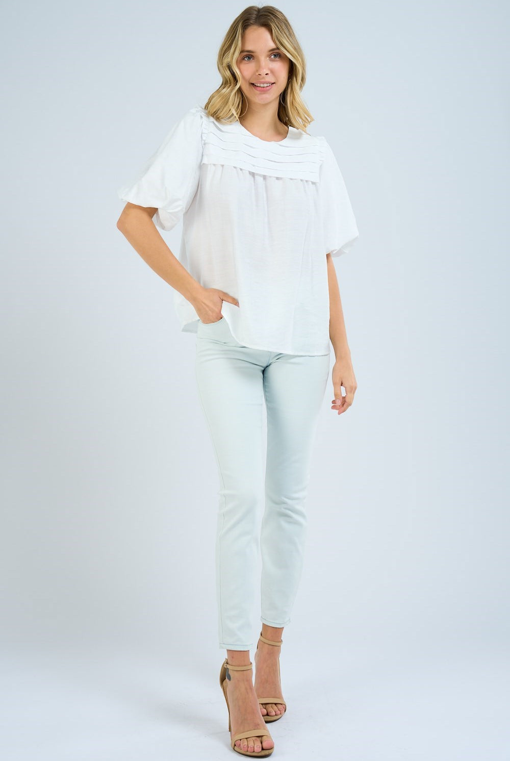 Frill Shoulder Pintuck Top-Short Sleeves-Podos Boutique, a Women's Fashion Boutique Located in Calera, AL