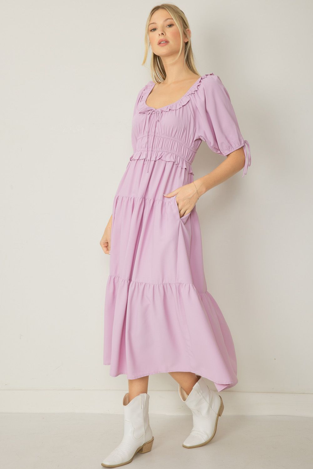 Ruched Waist Tiered Midi Dress-Midi Dresses-Podos Boutique, a Women's Fashion Boutique Located in Calera, AL