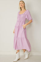 Ruched Waist Tiered Midi Dress-Midi Dresses-Podos Boutique, a Women's Fashion Boutique Located in Calera, AL