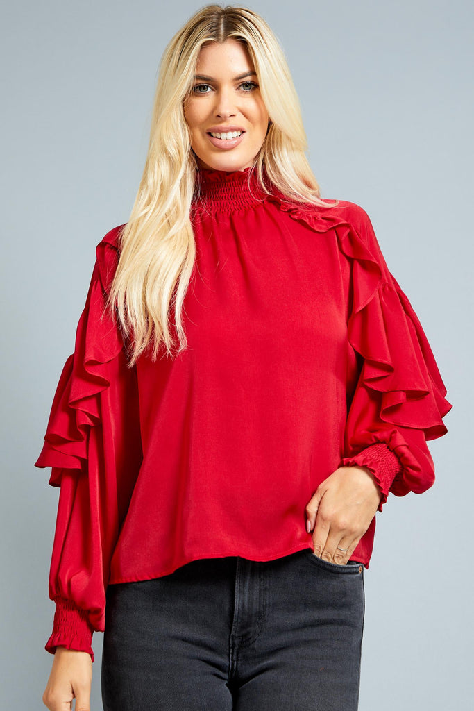 High Neck Ruffle Sleeve Top-Boutique Items. - Boutique Apparel - Ladies - Top It Off - Fashion Tops-Podos Boutique, a Women's Fashion Boutique Located in Calera, AL