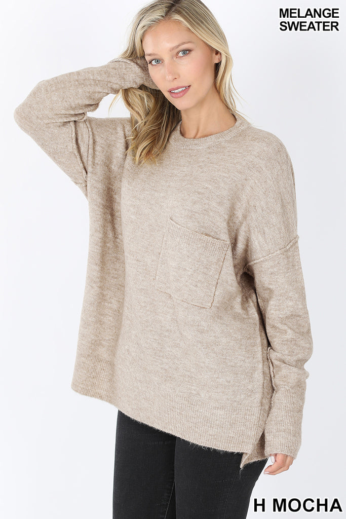 Melange Hi Low Pocket Sweater-Boutique Items. - Boutique Apparel - Ladies - Top It Off - Sweaters-Podos Boutique, a Women's Fashion Boutique Located in Calera, AL