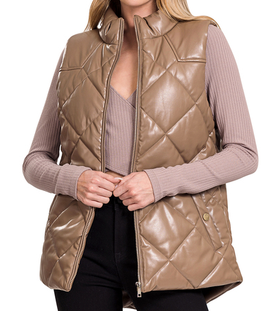 Vegan Leather Puffer Vest-Boutique Items. - Boutique Apparel - Ladies - Top It Off - Vests-Podos Boutique, a Women's Fashion Boutique Located in Calera, AL