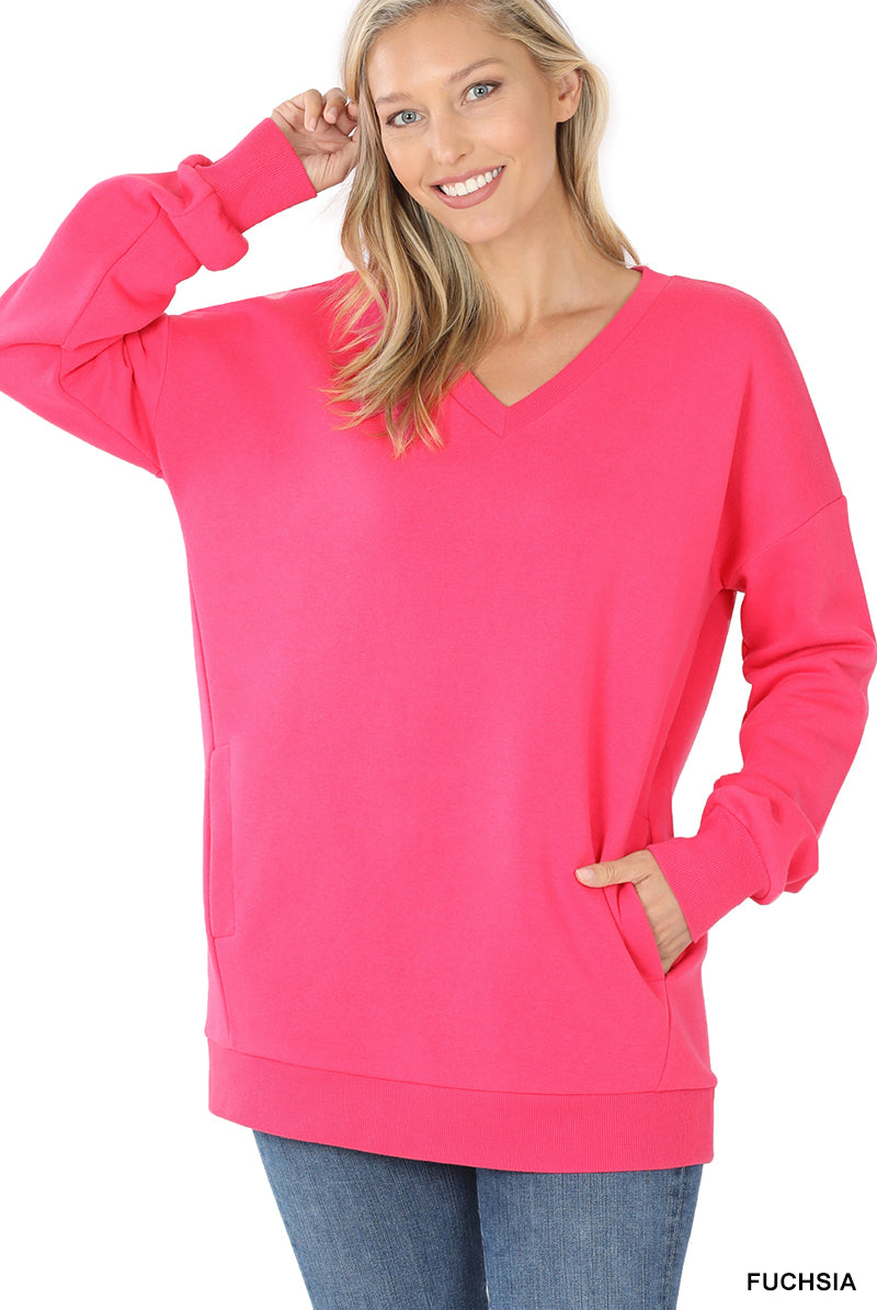 Side Pocket V-Neck Sweatshirt-Sweaters-Podos Boutique, a Women's Fashion Boutique Located in Calera, AL