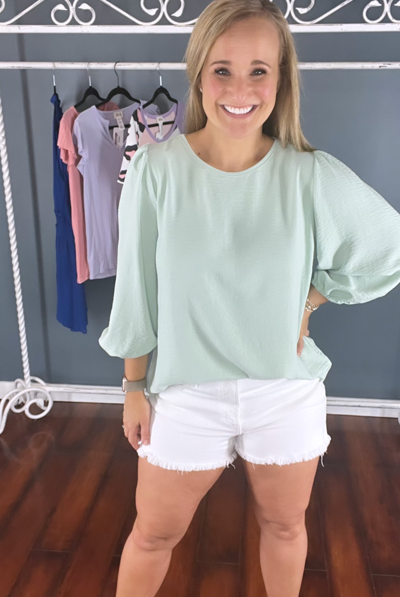 Mimi Puffy 1/2 Sleeve Top-Short Sleeves-Podos Boutique, a Women's Fashion Boutique Located in Calera, AL
