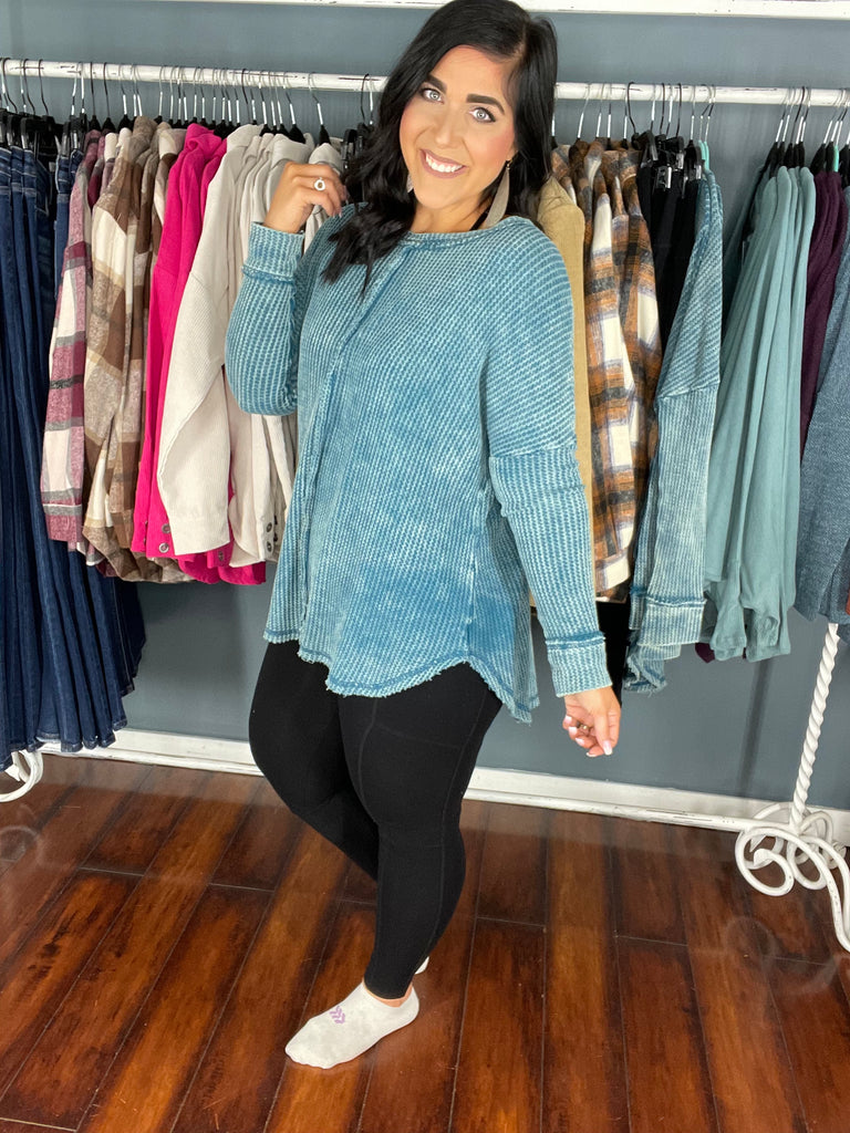 Oversized Acid Wash Waffle Knit Top-Boutique Items. - Boutique Apparel - Ladies - Top It Off - Fashion Tops-Podos Boutique, a Women's Fashion Boutique Located in Calera, AL
