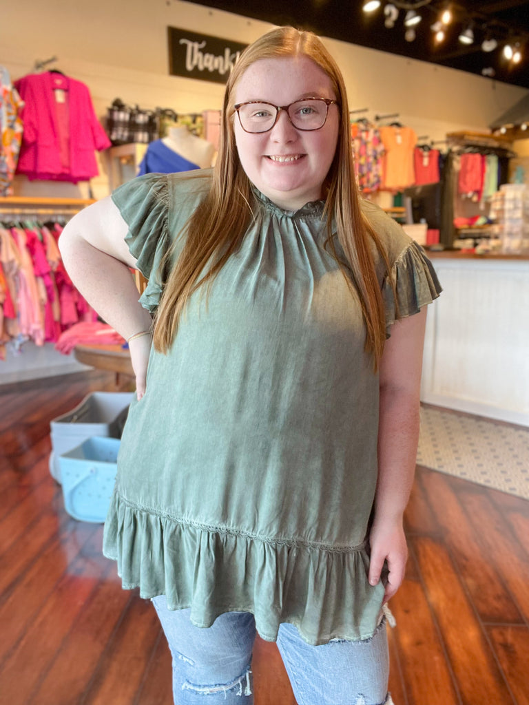 Lt. Wash Ruffle Top PLUS-Boutique Items. - Boutique Apparel - Curvy Style - Tops - Fashion Tops-Podos Boutique, a Women's Fashion Boutique Located in Calera, AL