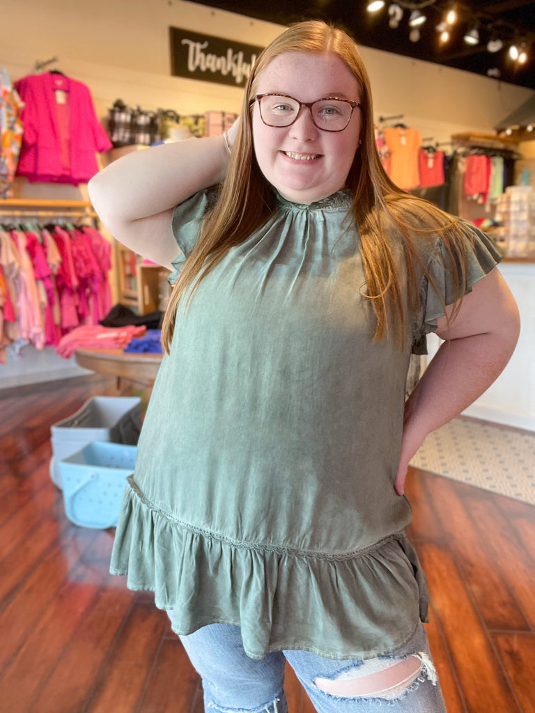 Lt. Wash Ruffle Top PLUS-Boutique Items. - Boutique Apparel - Curvy Style - Tops - Fashion Tops-Podos Boutique, a Women's Fashion Boutique Located in Calera, AL