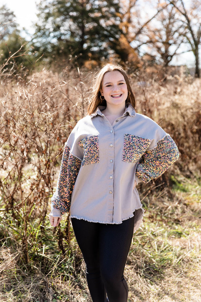 Twill & Sequin Shacket-Boutique Items. - Boutique Apparel - Ladies - Jackets-Podos Boutique, a Women's Fashion Boutique Located in Calera, AL
