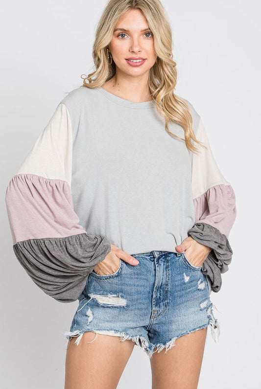 Contrast Bubble Sleeve Top-Long Sleeves-Podos Boutique, a Women's Fashion Boutique Located in Calera, AL