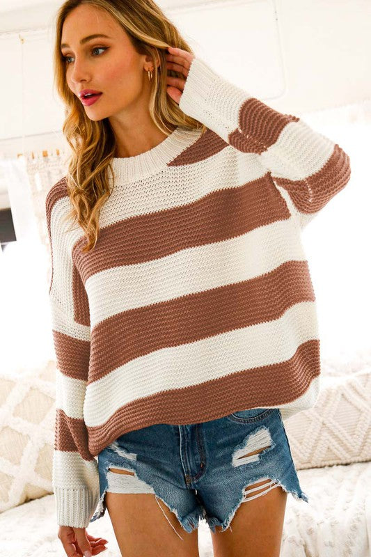 Chunky Knit Stripe Sweater-Boutique Items. - Boutique Apparel - Ladies - Top It Off - Sweaters-Podos Boutique, a Women's Fashion Boutique Located in Calera, AL