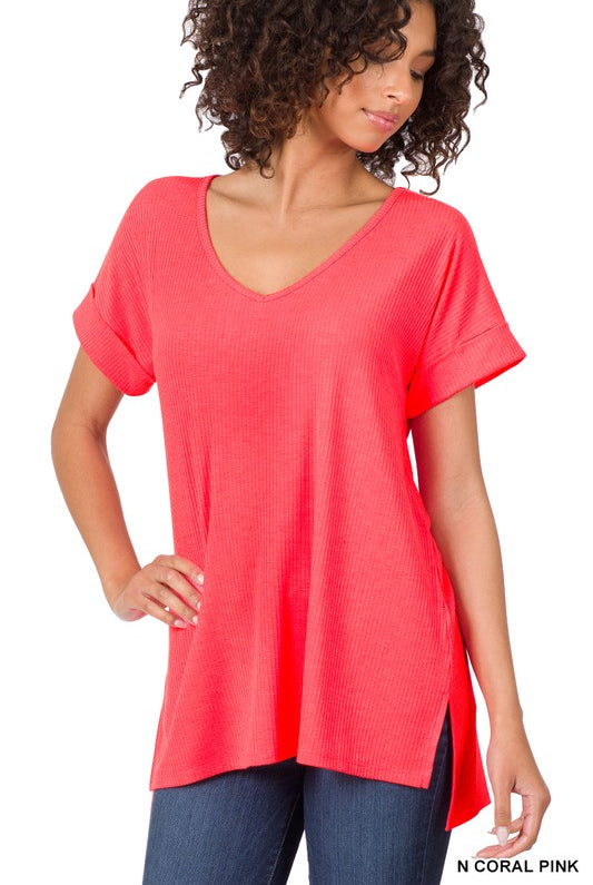 RIBBED V-NECK HI-LOW HEM TOP WITH SIDE SLITS-Short Sleeves-Podos Boutique, a Women's Fashion Boutique Located in Calera, AL