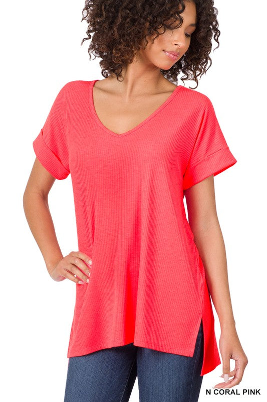 RIBBED V-NECK HI-LOW HEM TOP WITH SIDE SLITS-Boutique Items. - Boutique Apparel - Ladies - Top It Off - Fashion Tops-Podos Boutique, a Women's Fashion Boutique Located in Calera, AL