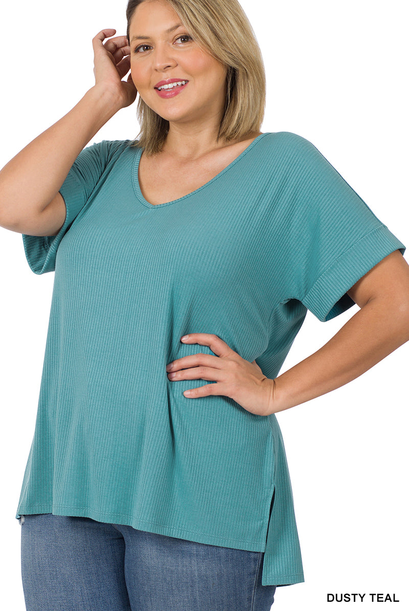 Ribbed V-Neck PLUS-Short Sleeves-Podos Boutique, a Women's Fashion Boutique Located in Calera, AL