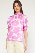 Floral Print Mock Neck Top-Short Sleeves-Podos Boutique, a Women's Fashion Boutique Located in Calera, AL