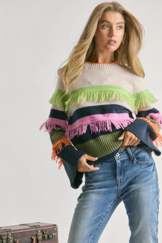 Fringe Color Block Sweater-Boutique Items. - Boutique Apparel - Ladies - Top It Off - Sweaters-Podos Boutique, a Women's Fashion Boutique Located in Calera, AL