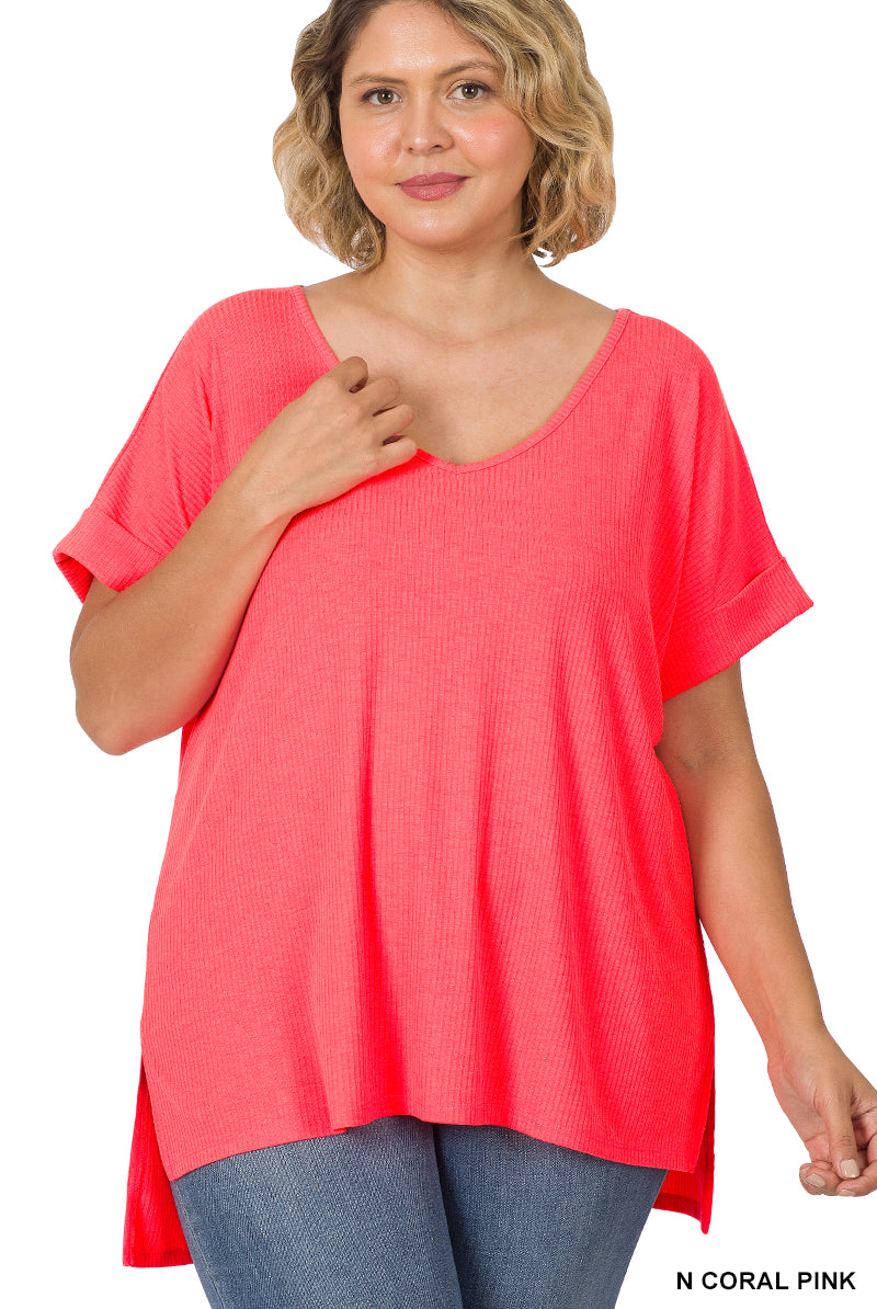 Ribbed V-Neck PLUS-Short Sleeves-Podos Boutique, a Women's Fashion Boutique Located in Calera, AL
