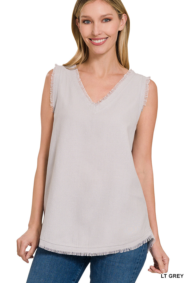 Linen Frayed Edge V-Neck Top-Tank Tops-Podos Boutique, a Women's Fashion Boutique Located in Calera, AL