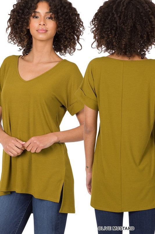 RIBBED V-NECK HI-LOW HEM TOP WITH SIDE SLITS-Boutique Items. - Boutique Apparel - Ladies - Top It Off - Fashion Tops-Podos Boutique, a Women's Fashion Boutique Located in Calera, AL