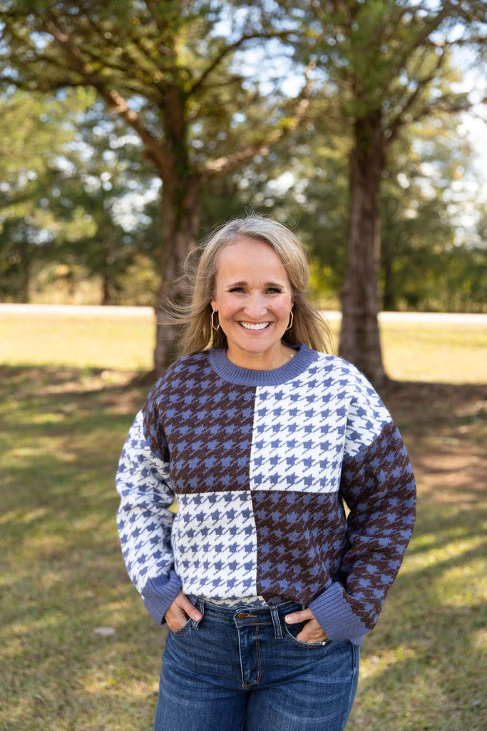 Houndstooth Block Print Sweater-Boutique Items. - Boutique Apparel - Ladies - Top It Off - Sweaters-Podos Boutique, a Women's Fashion Boutique Located in Calera, AL