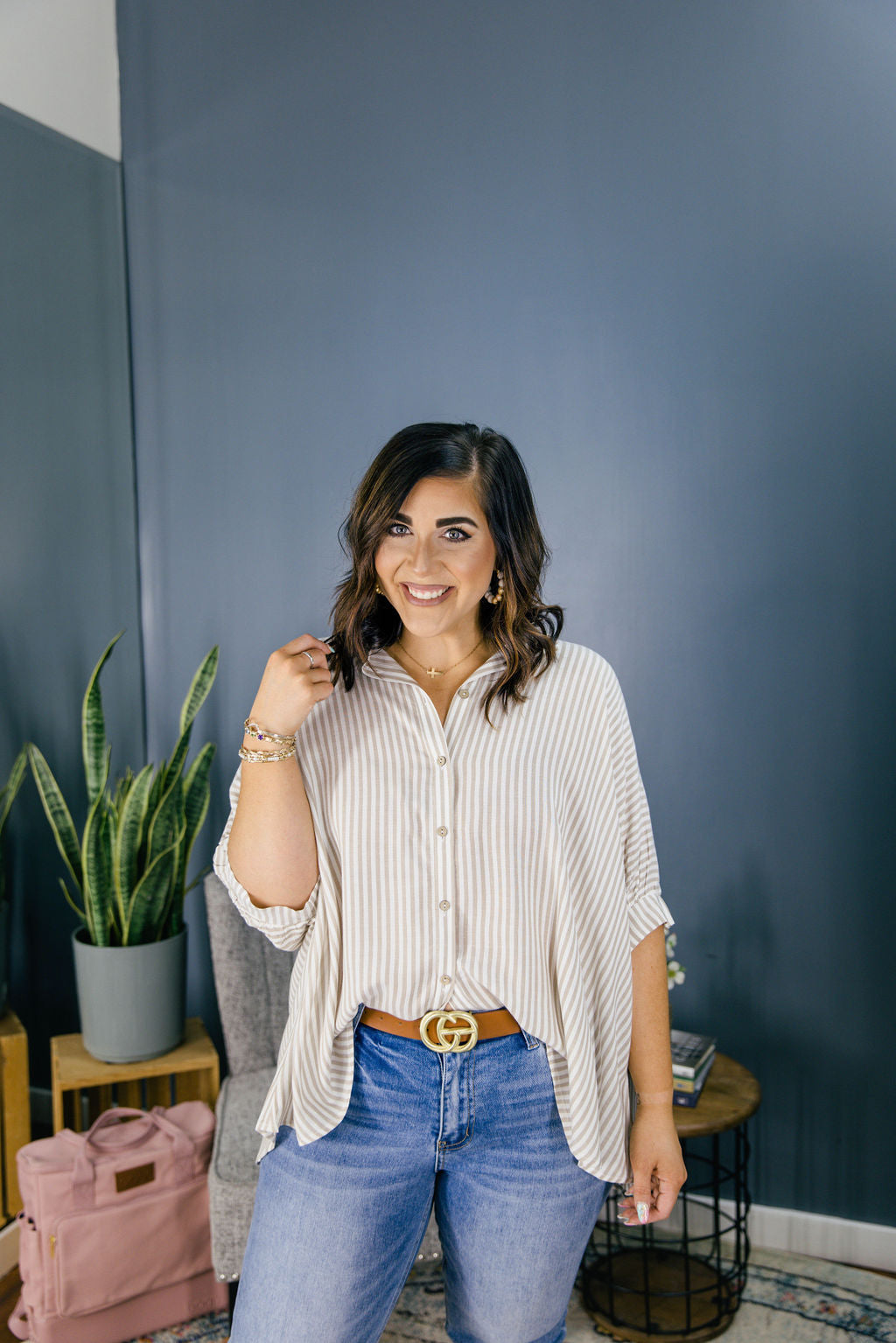 Oversize Stripe Button Front Top-Short Sleeves-Podos Boutique, a Women's Fashion Boutique Located in Calera, AL